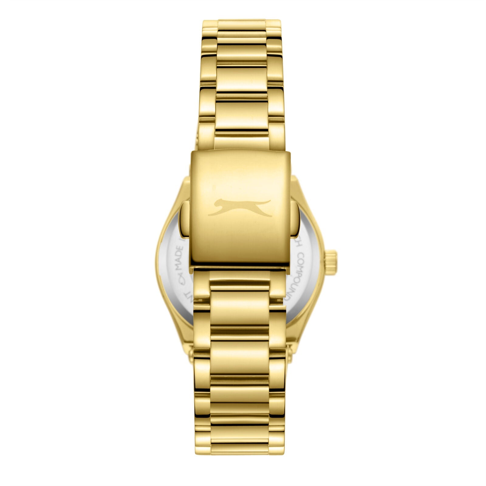 Watch caseback showing gold-tone stainless steel case and bracelet