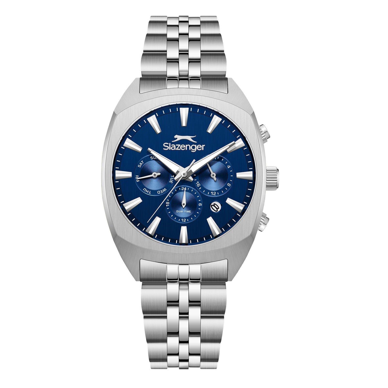 Slazenger Luminous multifunction watch with dark blue sunray dial and silver metal bracelet