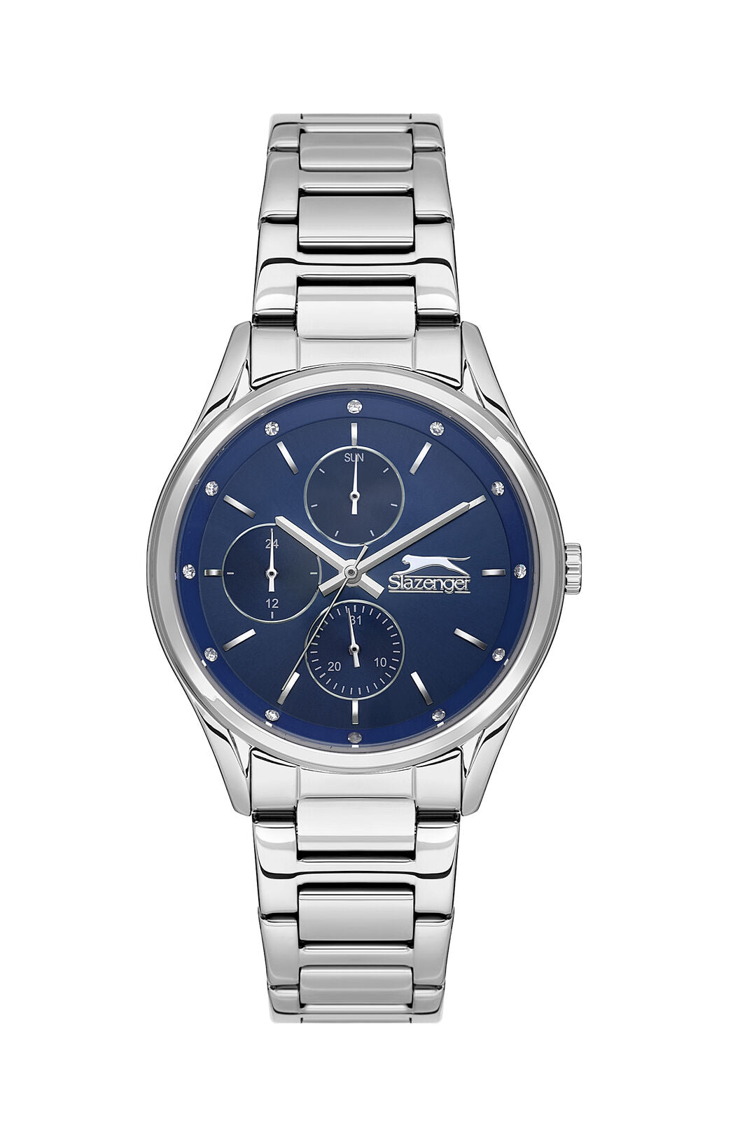 Slazenger silver watch with blue multifunction dial and silver stainless steel band