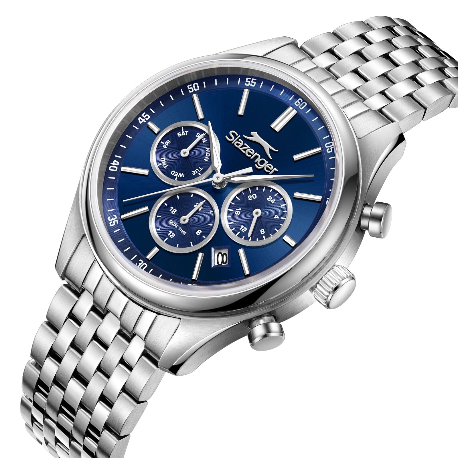 Three-quarter view of silver chronograph watch with blue dial and three subdials