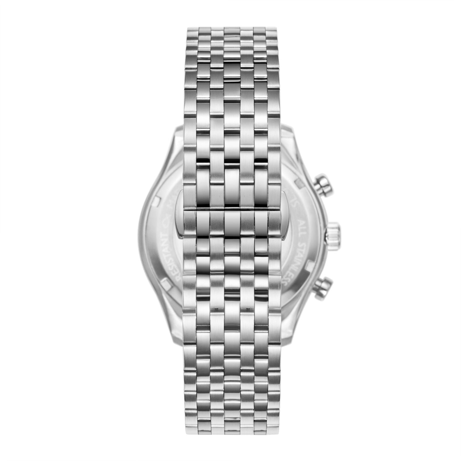 Caseback view of chronograph watch with silver stainless steel bracelet