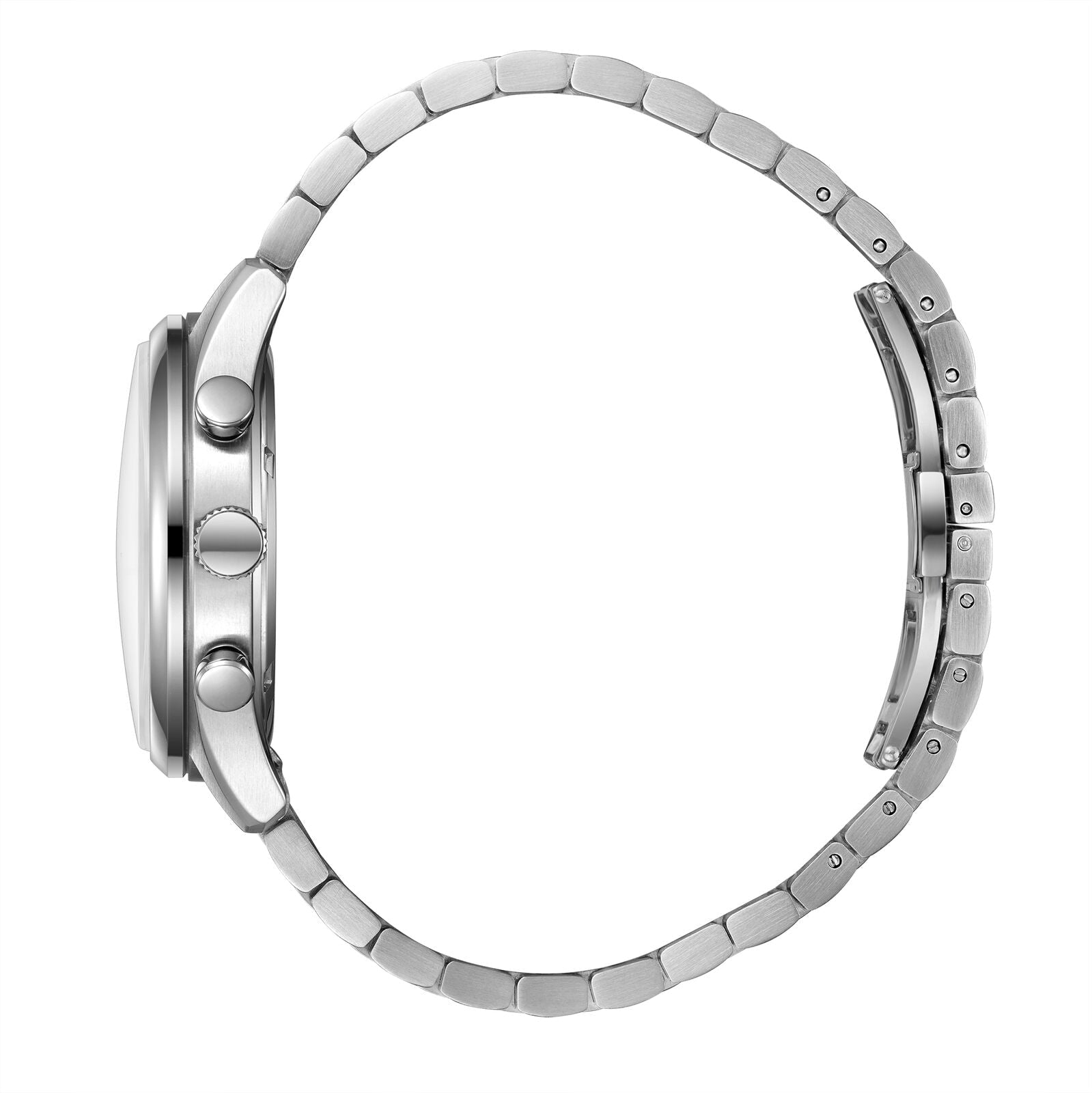 Side profile of silver stainless steel watch showing case and pushers
