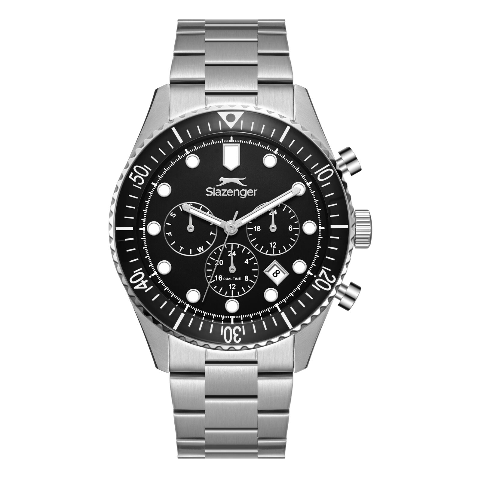 Slazenger chronograph watch with black dial and metallic silver stainless steel bracelet