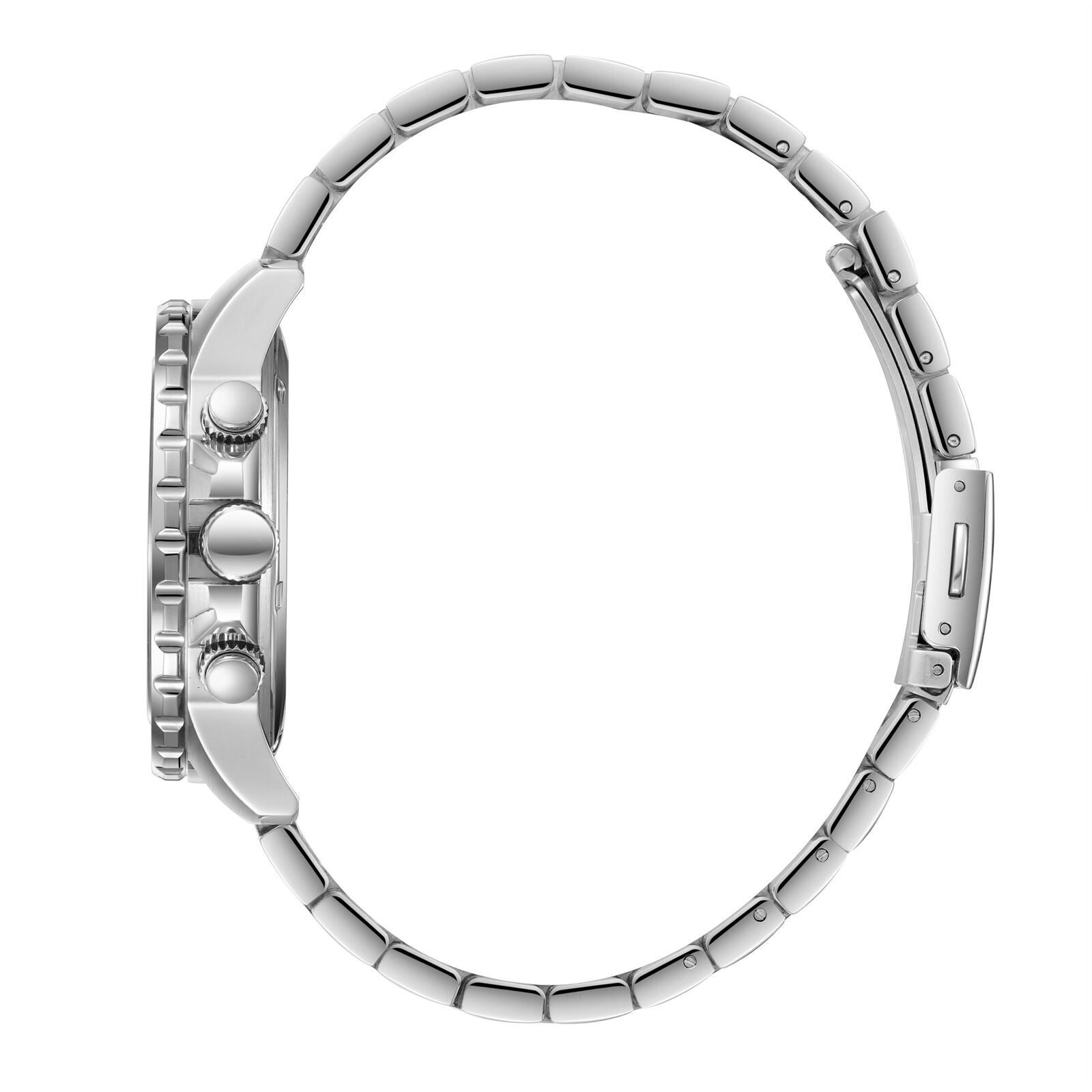 Side profile view of Slazenger watch showing silver case, pusher buttons, and bracelet