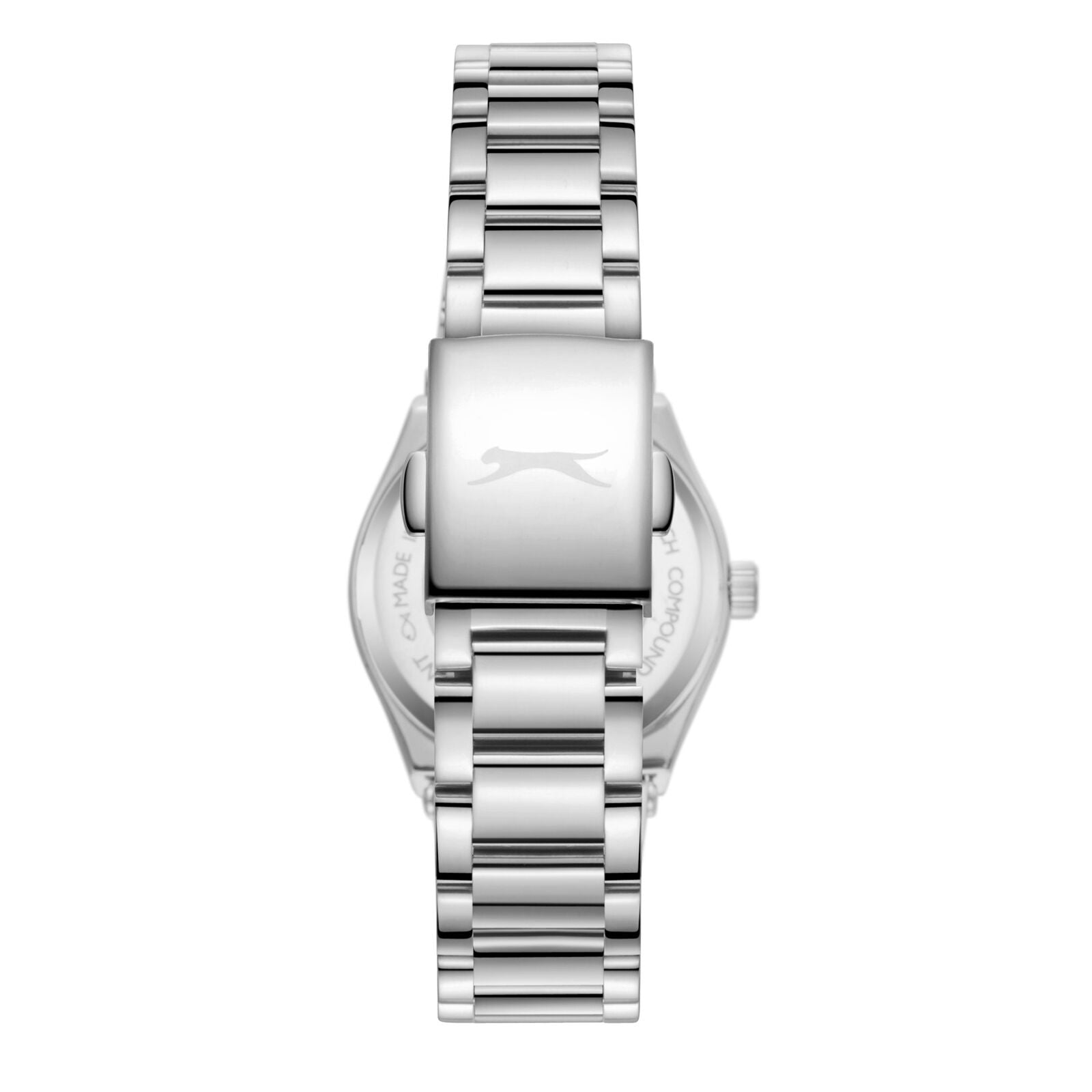 Case back view of Slazenger watch showing silver-tone cover and bracelet attachment points