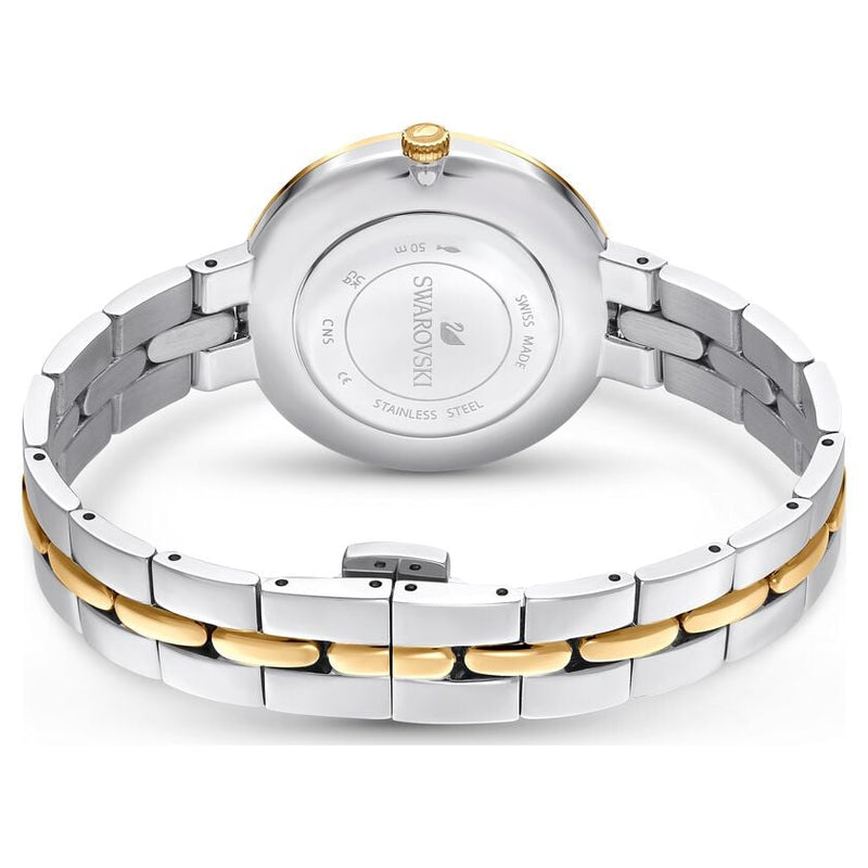 Caseback view of Cosmopolitan watch showing stainless steel construction and specifications