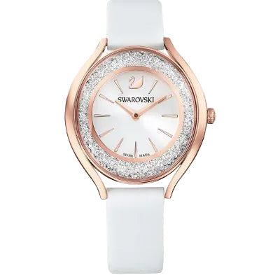 Swarovski Crystalline Aura women's watch with silver dial, rose-gold case, and white leather strap