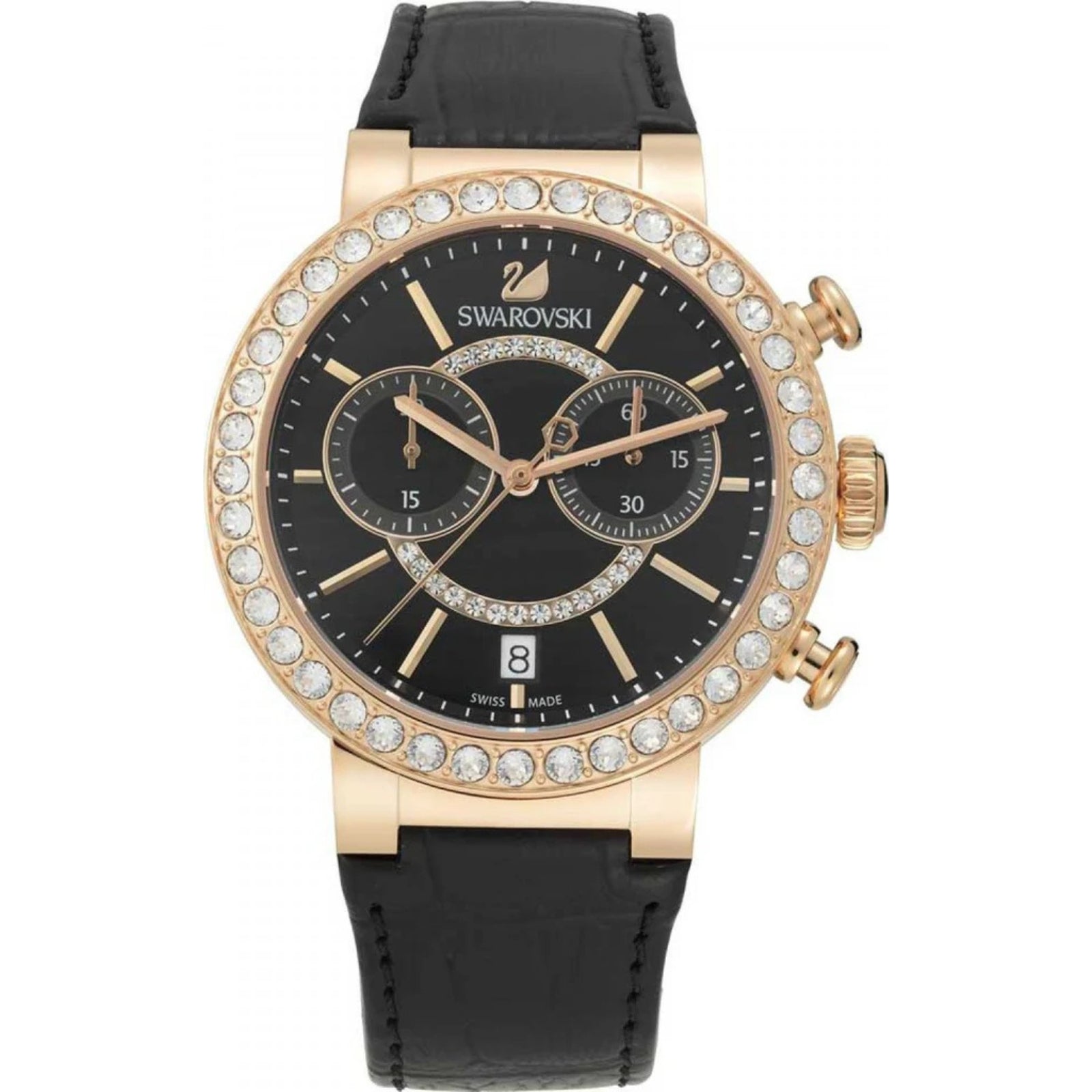 Swarovski Lovely Crystals Floating Elements black chronograph watch with rose gold case and crystal-set bezel