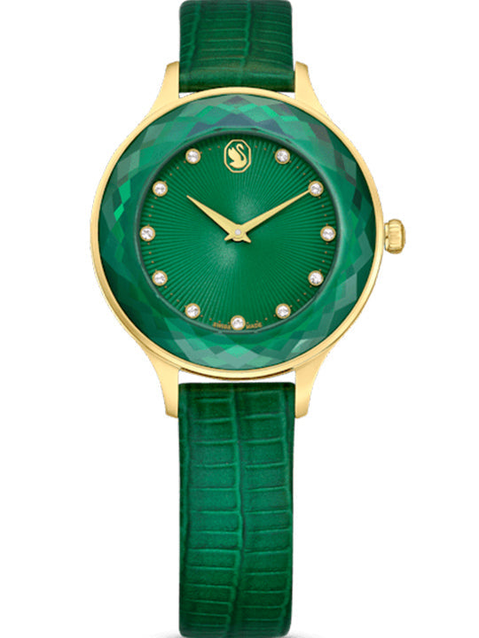 Swarovski Octea Nova women's watch with green faceted dial, gold bezel, and green leather strap