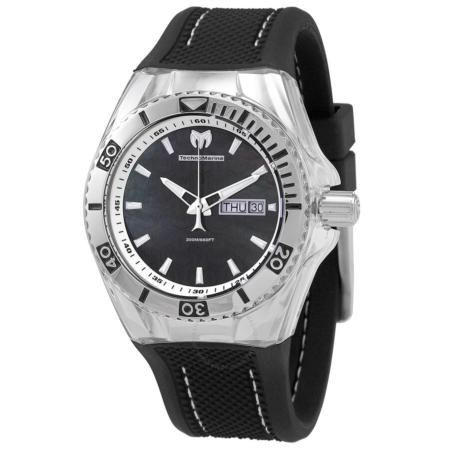 TechnoMarine Cruise Monogram Black Mother of Pearl Logo Textured Dial Black Silicone Strap Men's Watch 115212 - Dawson Watches
