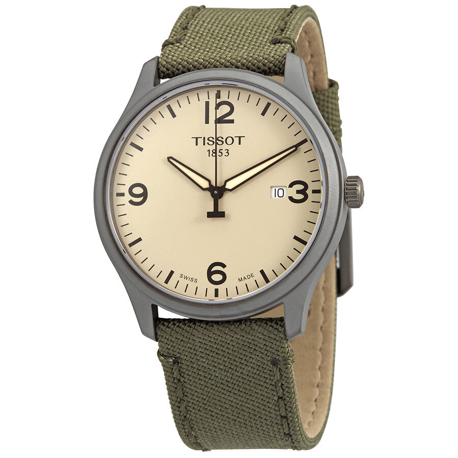 Tissot Gent XL Quartz Beige Dial Olive Green Fabric Men's Watch T116.410.37.267.00 - Dawson Watches
