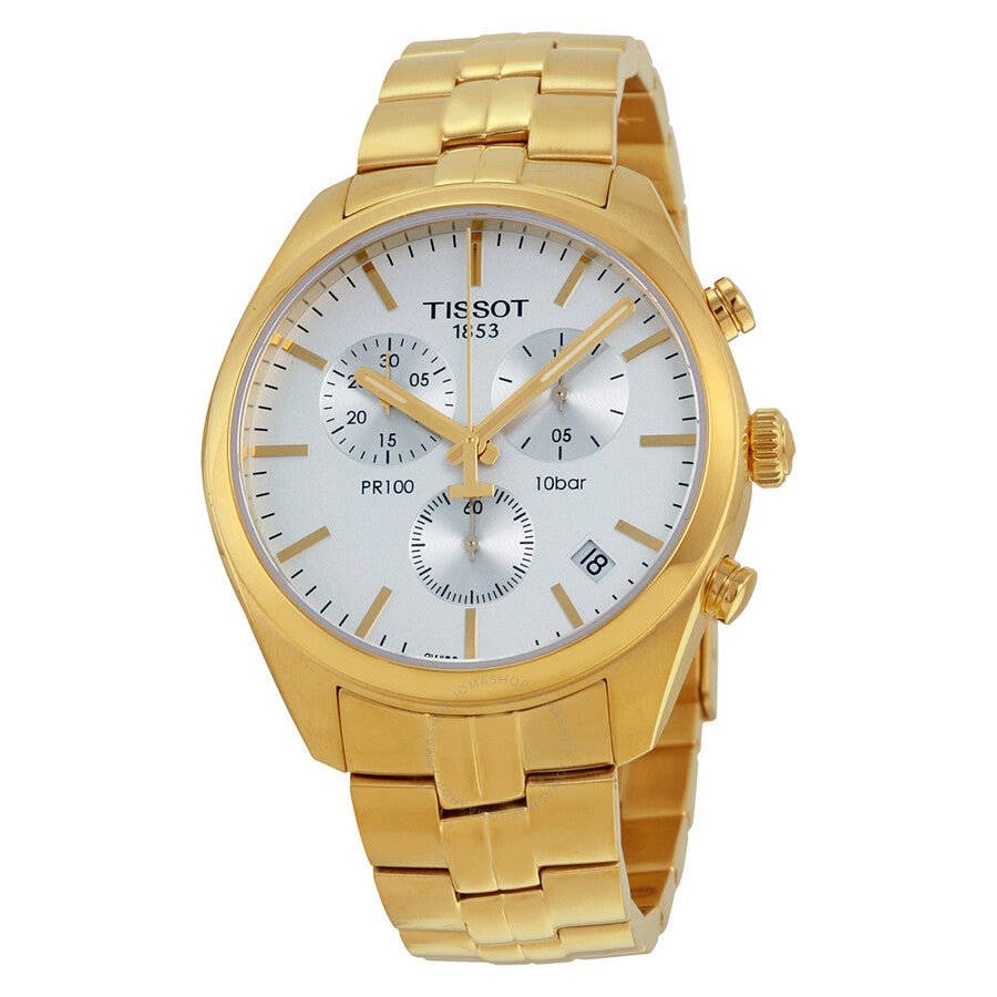 Tissot PR100 Chronograh White Dial Gold PVD Men's Watch T1014173303100 - Dawson Watches