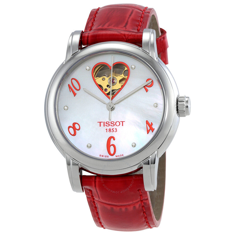 Tissot T-Classic White Mother Of Pearl Dial Red Leather Ladies Heart Watch T050.207.16.116.02 - Dawson Watches