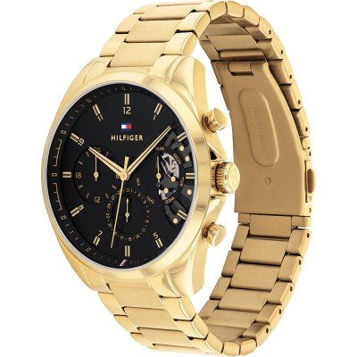 Tommy Hilfiger Baker gold watch angled view showing bracelet and chronograph subdials