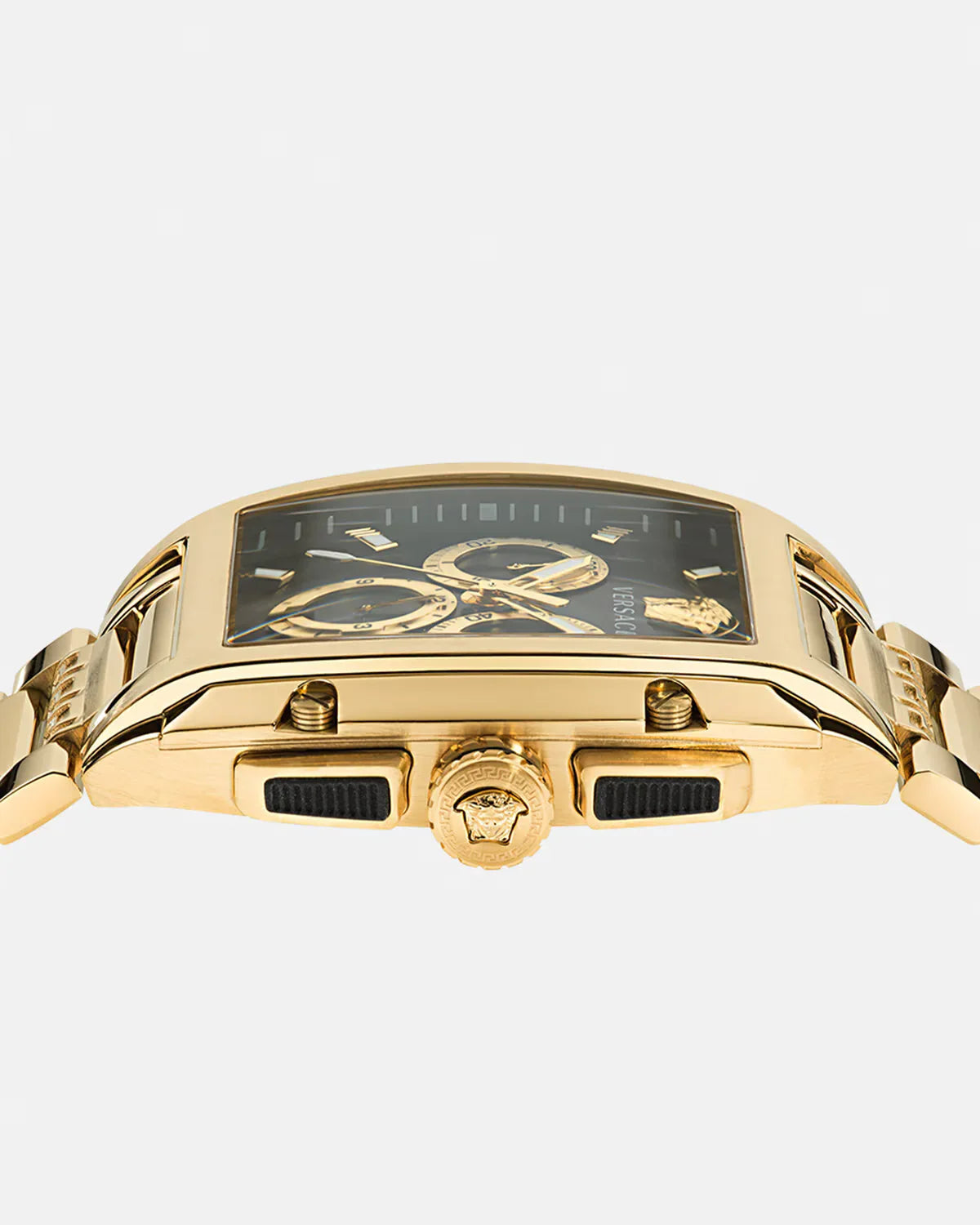 Versace Dominus watch angled view showing rectangular case profile and chronograph pushers