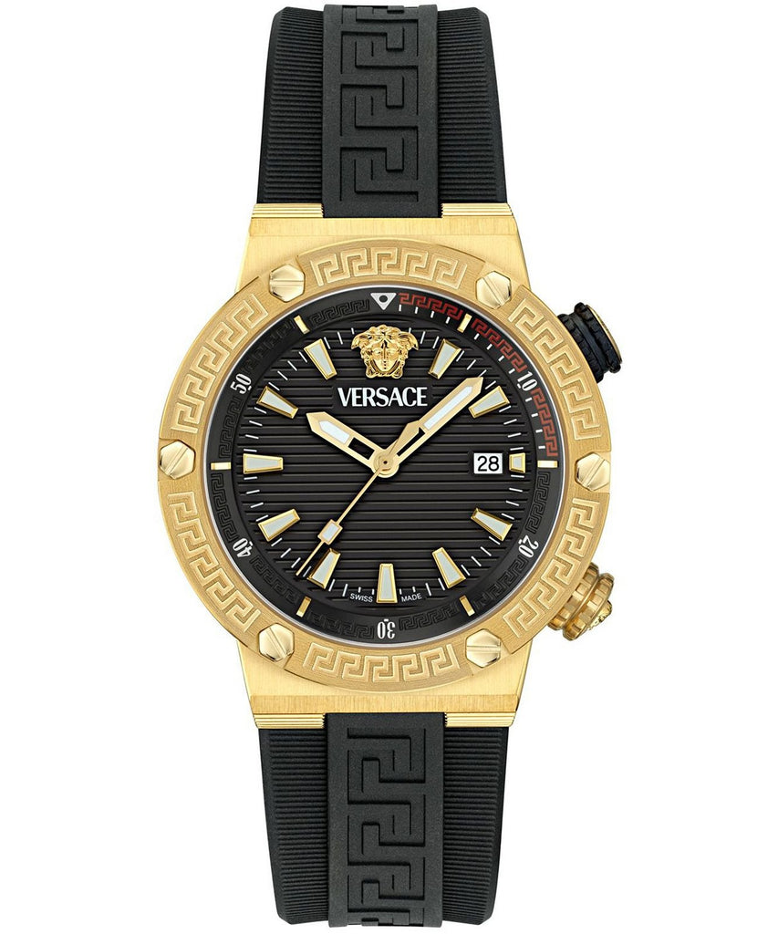 Versace Greca Logo DIVER Black Dial Black Strap Swiss Movt Gold Watch - VE8G00324