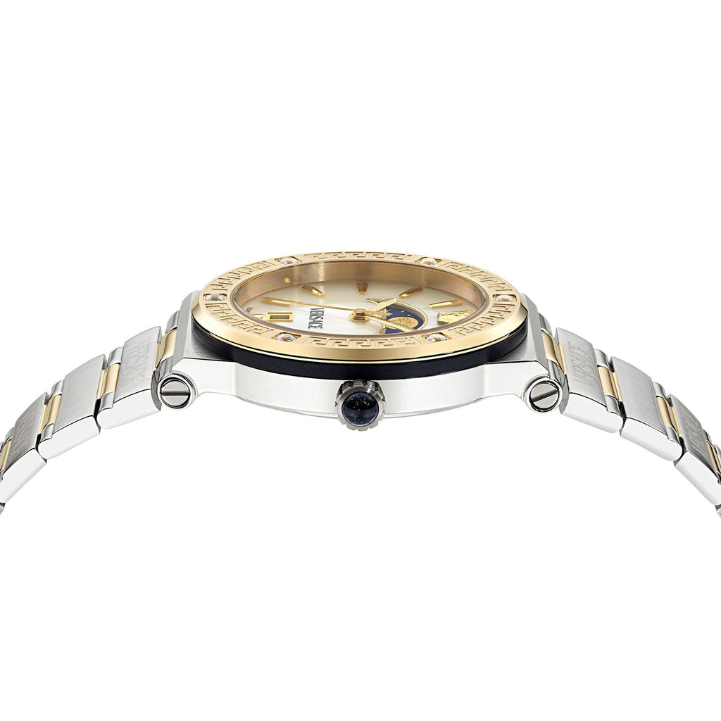 Versace Greca Logo Mother of Pearl Two-Tone Swiss Moonphase Watch - VE7G00524