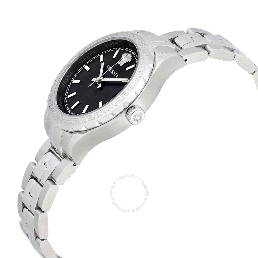 Versace Hellenyium watch angled view showing black dial and stainless steel bracelet