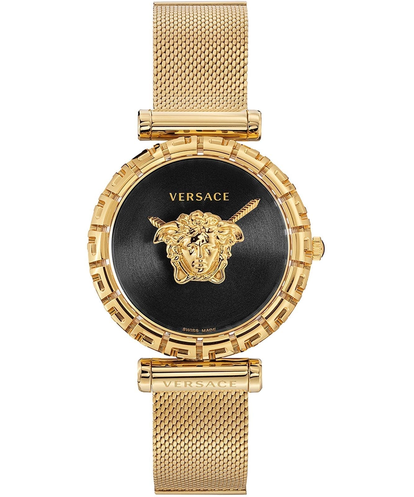 Versace Palazzo Empire Greca ladies watch with black dial, gold Medusa head, and gold mesh bracelet