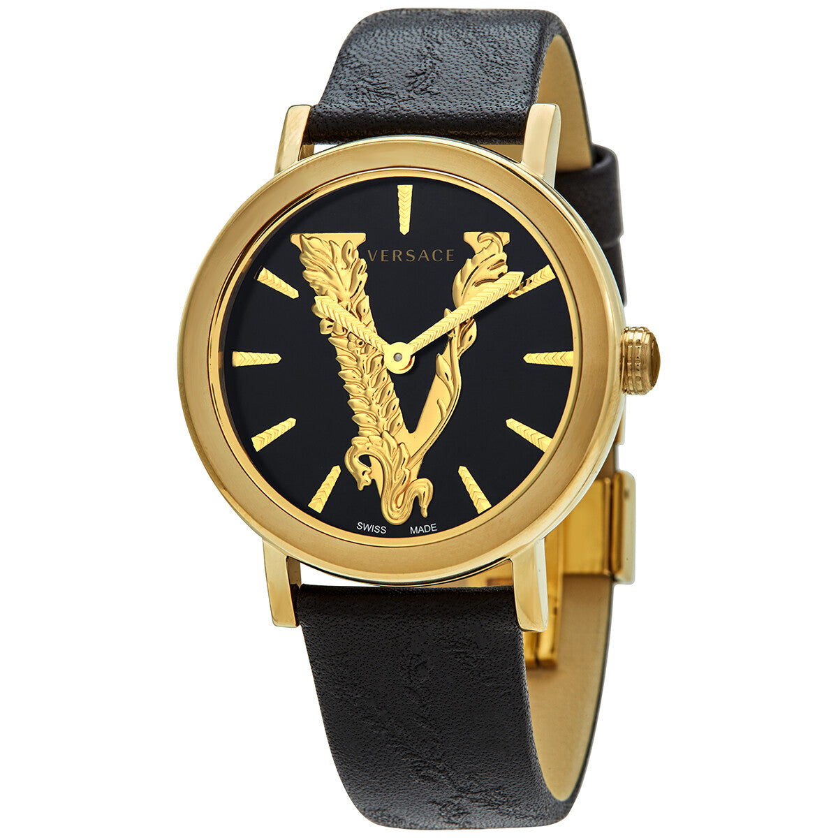 Versace Virtus Quartz Black Dial Black Leather Ladies Watch VEHC00119 - BigDaddy Watches