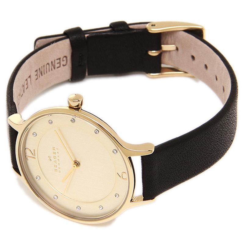 Skagen Anita Gold Dial Black Leather Ladies Watch SKW2266