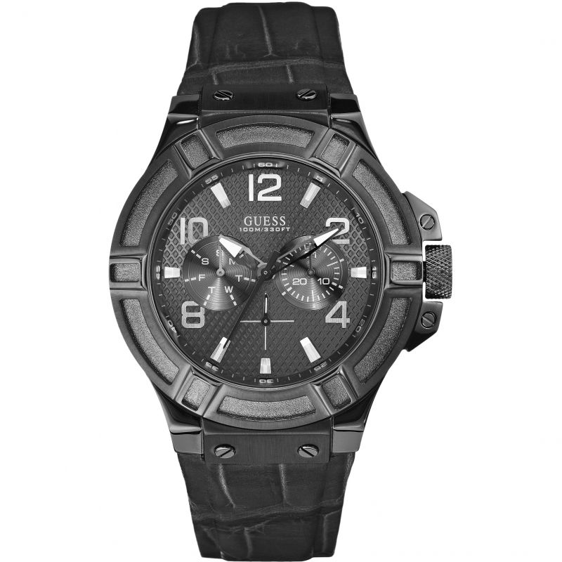 Guess Rigor Black Dial Leather Strap Men's Watch W0040G1