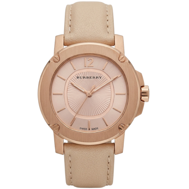 A Burberry women's watch featuring a round rose gold-tone case, a matching sunburst dial with a gold numeral '12', and a light beige leather strap.